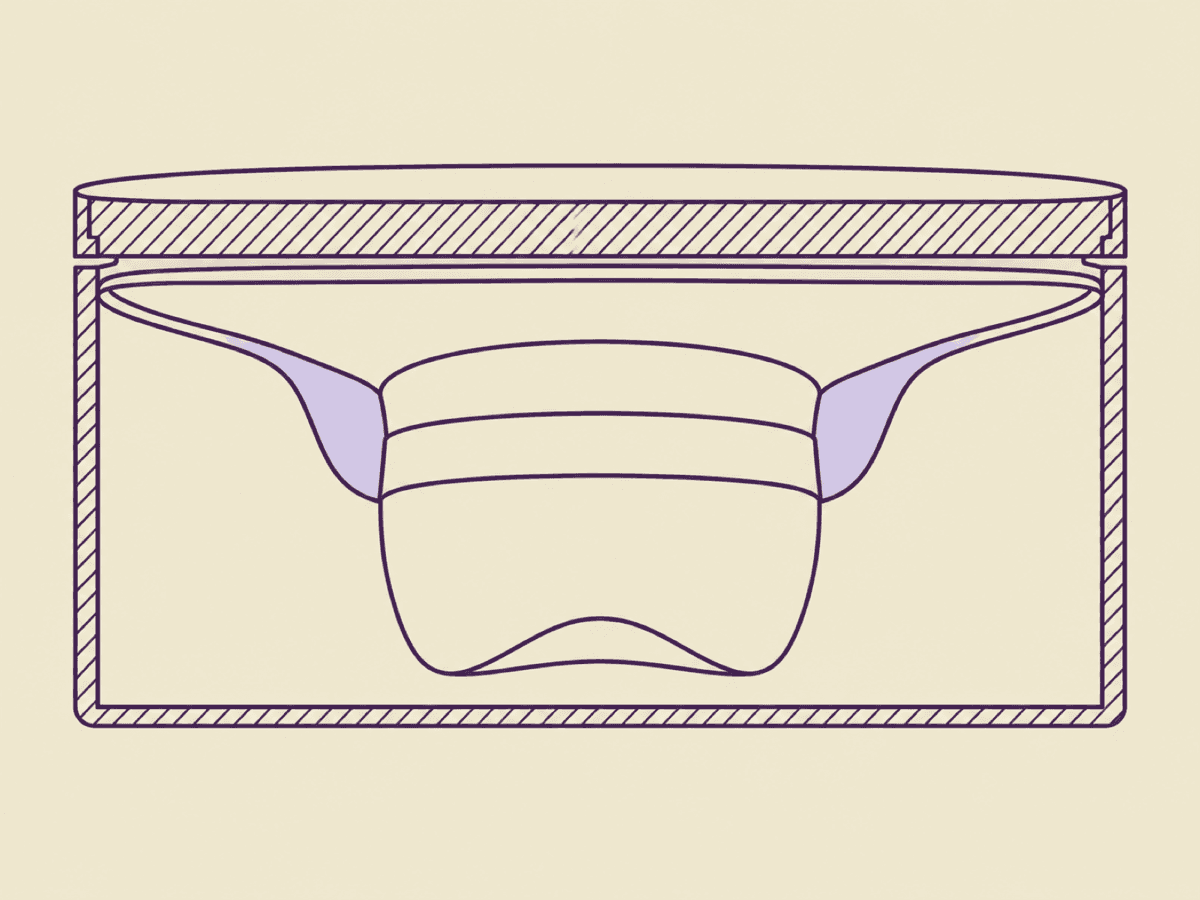 Cross-section diagram of a wide brim seated crown-down inside a rigid hat box