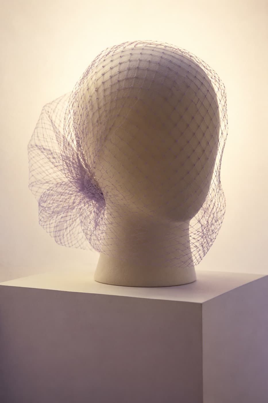 A full birdcage veil under low evening light on a featureless display block