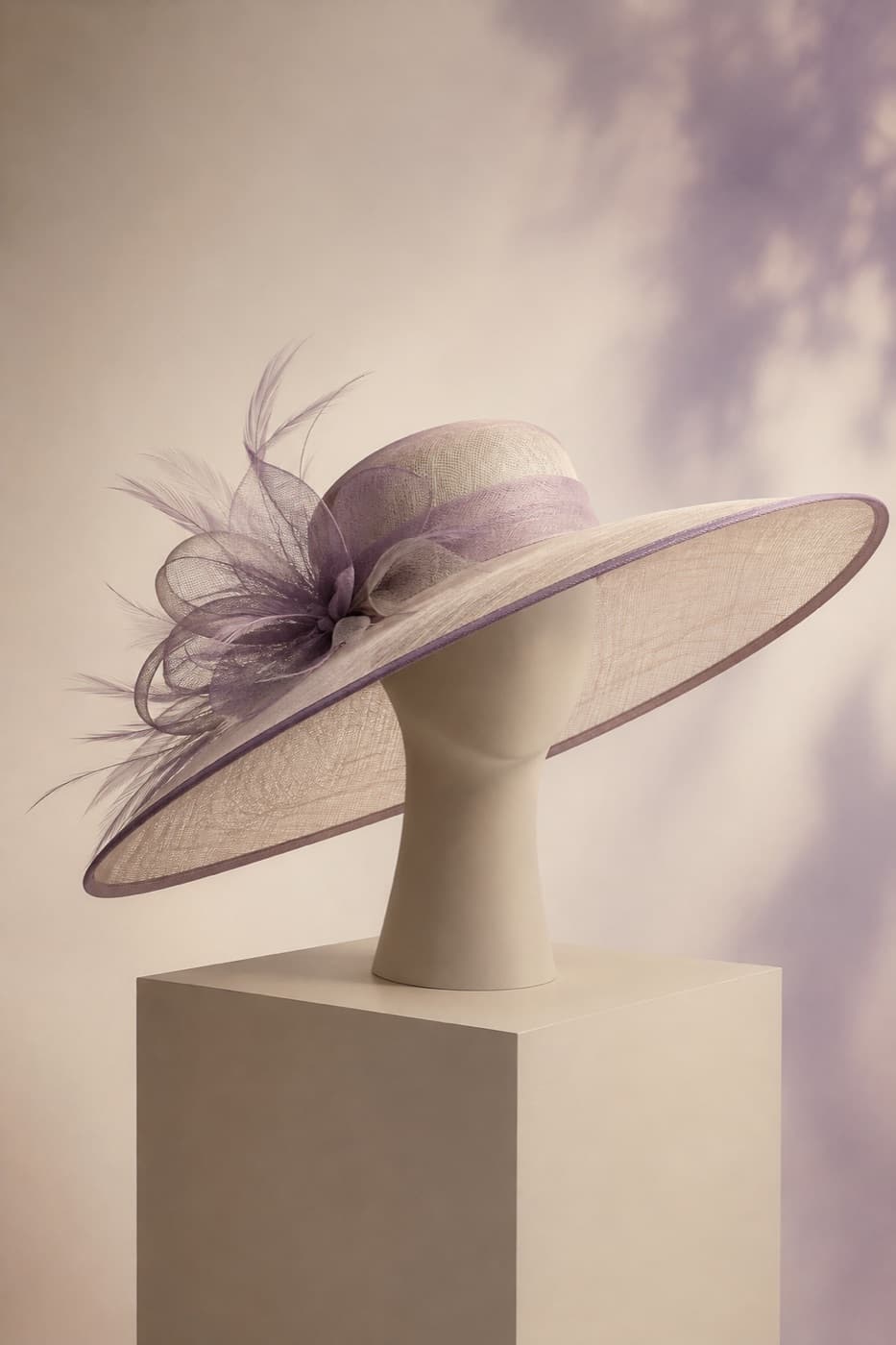 A 13 cm sinamay brim in flat morning light on a featureless display block