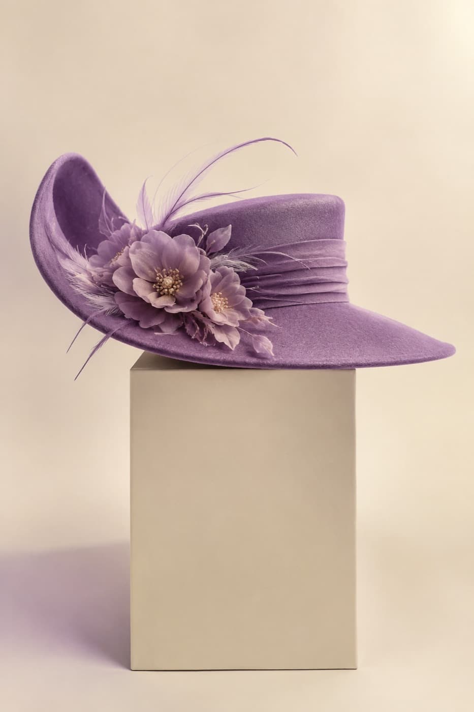 Draped sinamay brim seen in profile on a featureless display block